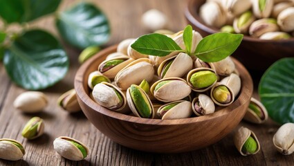 Aufkleber - Pistachio nuts arranged in wooden bowls with green leaves on a rustic wooden background showcasing natural healthy snacks.