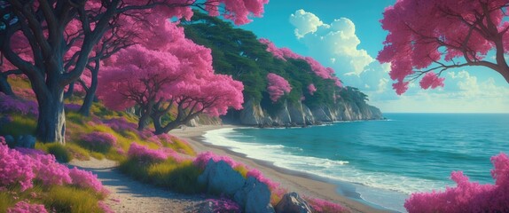 Canvas Print - Coastal landscape with vibrant pink trees overlooking serene beach and turquoise waves under a bright blue sky.