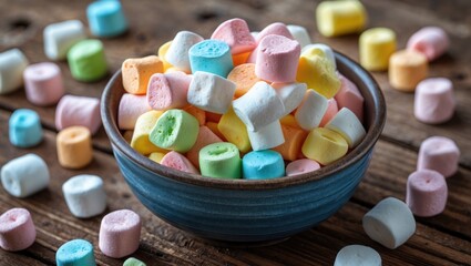 Poster - Colorful mini marshmallows in a bowl on a rustic wooden background perfect for dessert or sweet treat concepts