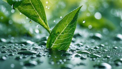 Aufkleber - Closeup of fresh green leaves with water droplets on surface creating a vibrant and refreshing nature background for wellness themes.