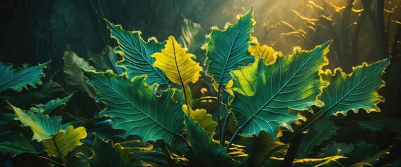 Aufkleber - Lush cycad leaves illuminated in soft light create a tranquil natural garden atmosphere against a darkened backdrop.