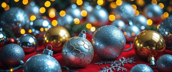 Poster - Elegant Christmas scene featuring gold and silver ornaments surrounded by twinkling lights on a vibrant red background. Perfect festive decor.