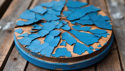 Wall Mural - Circled wooden surface with blue paint peeling off, revealing natural wood texture underneath, placed on a rustic wooden table.