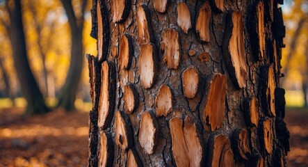 Aufkleber - Detailed close-up of textured tree bark showcasing natural patterns and colors in a serene forest setting during autumn.