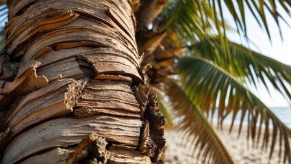 Aufkleber - Close up of textured brown palm tree bark against a tropical beach backdrop with blurred palm fronds and soft sandy shoreline.