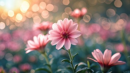 Aufkleber - Delicate pink flower in close-up against a dreamy bokeh background creating a serene and peaceful atmosphere in nature.