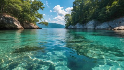 Poster - Serene summer landscape with crystal clear water surrounded by lush greenery and rocky shores under a bright blue sky.