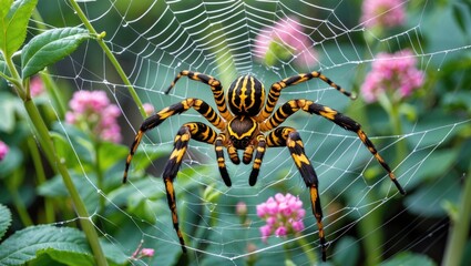 Wall Mural - Vibrant closeup of a brown and yellow striped spider weaving a web amid lush green leaves and delicate pink flowers in a summer garden.