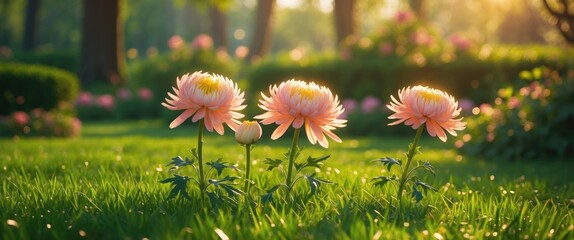 Aufkleber - Charming pink chrysanthemums blooming in a lush garden during golden hour showcasing nature's beauty and tranquility.