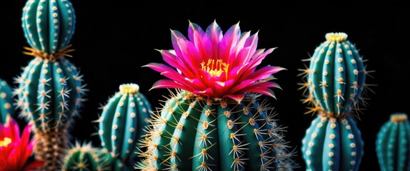 Poster - Vibrant close-up of colorful cacti with pink flowers against a dark background showcasing botanical beauty and unique textures.