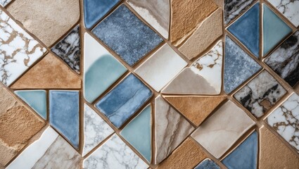 Poster - colorful geometric mosaic tile pattern in shades of blue, brown, and white arranged in various shape