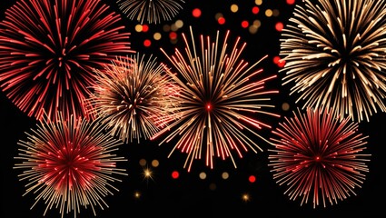 Aufkleber - Vibrant red and gold fireworks display against a dark background creating a festive atmosphere for celebrations and holidays.