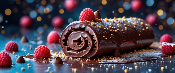 Poster - Delicious chocolate ice cream roll topped with raspberries and sprinkles on a festive background for a sweet dessert delight.