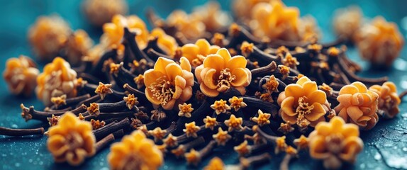 Poster - Close-up of aromatic cloves and flowering buds showcased in a vibrant and textured backdrop highlighting their natural beauty.