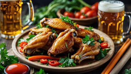 Poster - Delicious Chicken Wings with Fresh Vegetables and Chilled Beer Perfect for Parties or Gatherings