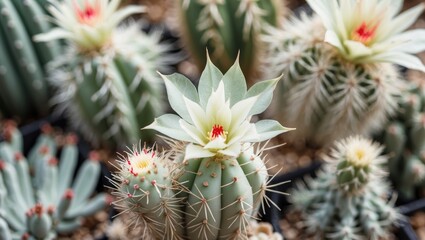 Aufkleber - Beautiful close-up of flowering cacti showcasing intricate details and vibrant colors in a botanical setting with multiple succulent types.