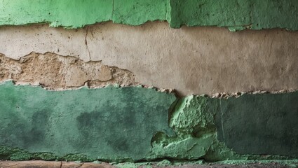 Poster - textured wall surface with peeling paint in shades of green and beige showing layers of deterioratio