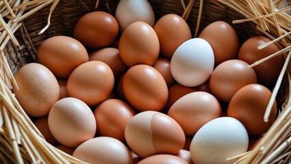 Poster - Brown and white chicken eggs arranged in a straw basket showcasing natural textures and patterns ideal for food and farm themes.