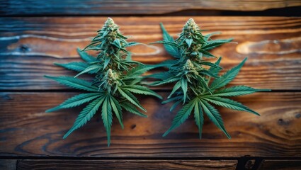 Poster - Close-up of two vibrant cannabis plants with detailed leaves arranged on a rustic wooden surface indoors