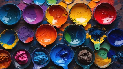 Aufkleber - Vibrant assortment of paint colors in circular containers creating a colorful textured background for artistic designs and creative projects