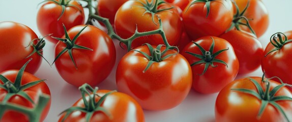 Aufkleber - Fresh ripe tomatoes arranged on a white background showcasing their vibrant color and natural texture in a close-up shot.