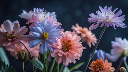 Aufkleber - Vibrant close-up of mixed pastel flowers against a dark background showcasing delicate petals and striking colors perfect for nature-themed designs.