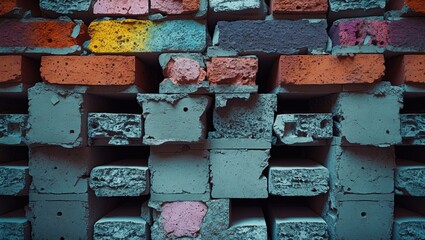 Poster - colorful graffiti style bricks arranged in a stacked pattern creating a textured background for urba