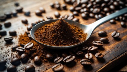 Aufkleber - Steel spoon with ground coffee on wooden table surrounded by coffee beans showcasing rich textures and earthy tones.