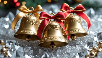 Poster - Golden Christmas bells adorned with red and gold ribbons resting atop a sparkling crystal bed, capturing festive elegance and charm.