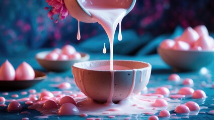 Wall Mural - Freshly Extracted Milky Latex Dripping into Bowl Surrounded by Droplets and Pastel Colors with Copy Space for Creative Text Insertions