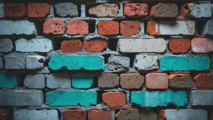 Poster - colorful abstract brick wall texture with grunge elements in shades of red, white, turquoise, and gr