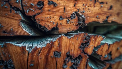 Poster - Close-up of damaged wood texture showcasing termite infestation and deterioration effects on natural timber surfaces