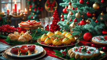 Poster - Festive Christmas table setting with traditional holiday foods and decorations surrounded by a beautifully adorned Christmas tree.