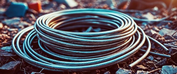 Aufkleber - Coiled metal wires resting on gravel surface showcasing industrial textures and colors in natural light for creative and commercial use