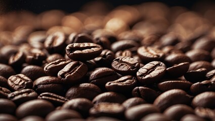 Aufkleber - Close up of freshly roasted coffee beans arranged aesthetically on a dark surface ideal for coffee-related designs and marketing.