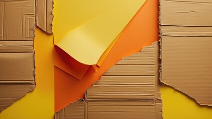 Poster - Colorful abstract composition of cardboard textures and layered paper in yellow orange and brown tones on a solid background