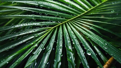 Poster - Closeup of a vibrant palm tree leaf adorned with water droplets creating a fresh and natural background for advertising or design.