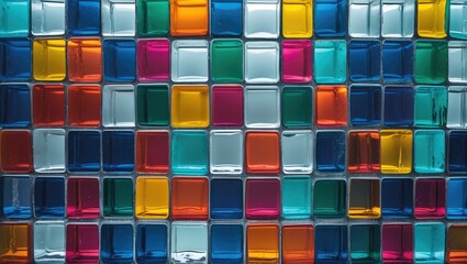 Aufkleber - Vibrant multi-colored glass blocks arranged in a textured wall pattern creating an eye-catching decorative background.