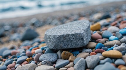 Aufkleber - Gray stone resting on a bed of colorful pebbles at the beach with a gentle sea in the background, showcasing nature's textures and tranquility.
