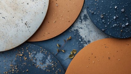 Poster - Abstract composition of circular textured surfaces in gray, blue, and orange hues with scattered debris and green leaves on a flat surface.