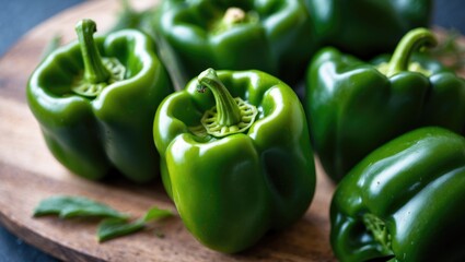 Aufkleber - Vibrant close-up of fresh green bell peppers arranged on a wooden cutting board showcasing their glossy texture and natural color.