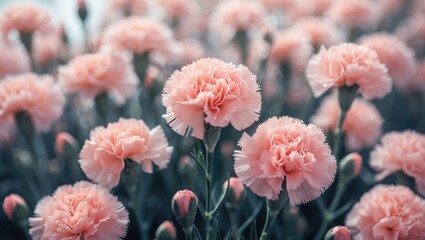 Poster - Floral composition of pink carnation flowers with green stems in a garden setting under soft natural light.