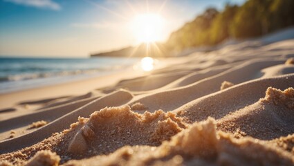 Aufkleber - Golden Sand Dunes Graced by Summer Sunlight at Serene Beach with Gentle Waves and Lush Greenery in the Background