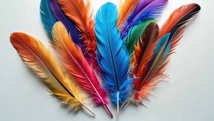 Wall Mural - Vibrant assortment of colorful feathers arranged artistically on a white background for creative design and decoration purposes