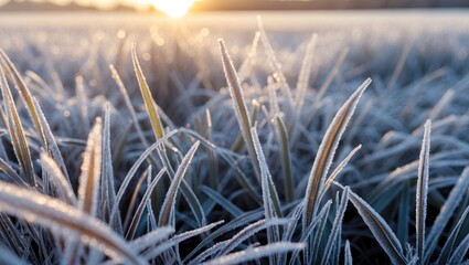 Aufkleber - Frosted grass blades glistening in sunrise light creating a serene winter landscape with a focus on nature's delicate beauty.