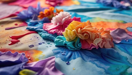 Aufkleber - Vibrant close up of watercolor patterns on fabric with colorful fabric flowers and droplets showcasing artistic textile design.
