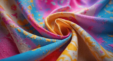 Poster - Colorful textured fabric with vibrant patterns and folds in a swirling arrangement showcasing a mix of blue, pink, and yellow hues