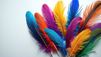 Aufkleber - Vibrant array of colorful feathers arranged artistically on a clean white background for creative and decorative purposes