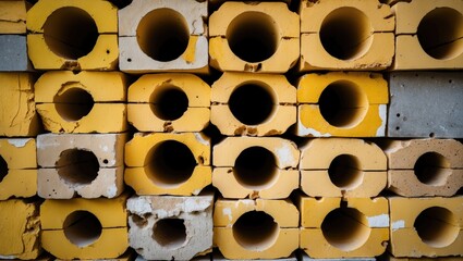 Aufkleber - Close up of stacked yellow perforated bricks showcasing texture and structure for construction and design applications.