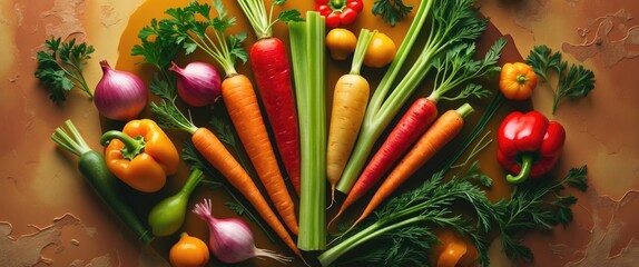 Aufkleber - Fresh colorful vegetables arranged artfully on a textured surface ideal for healthy eating concepts ketogenic or paleo diets.